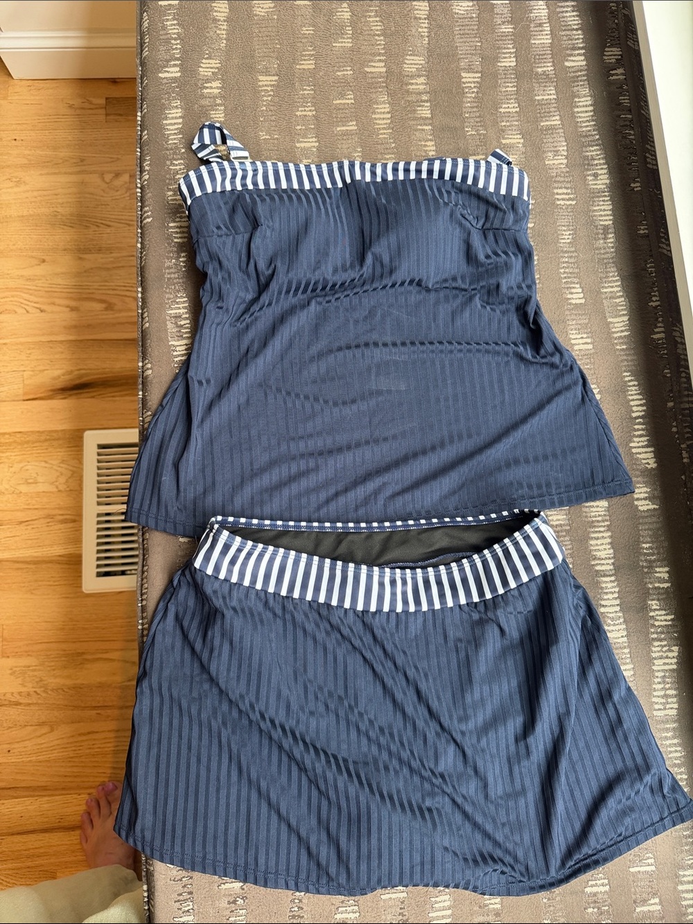 Striped Trim Navy Tankini Swim Top and Skirt Set